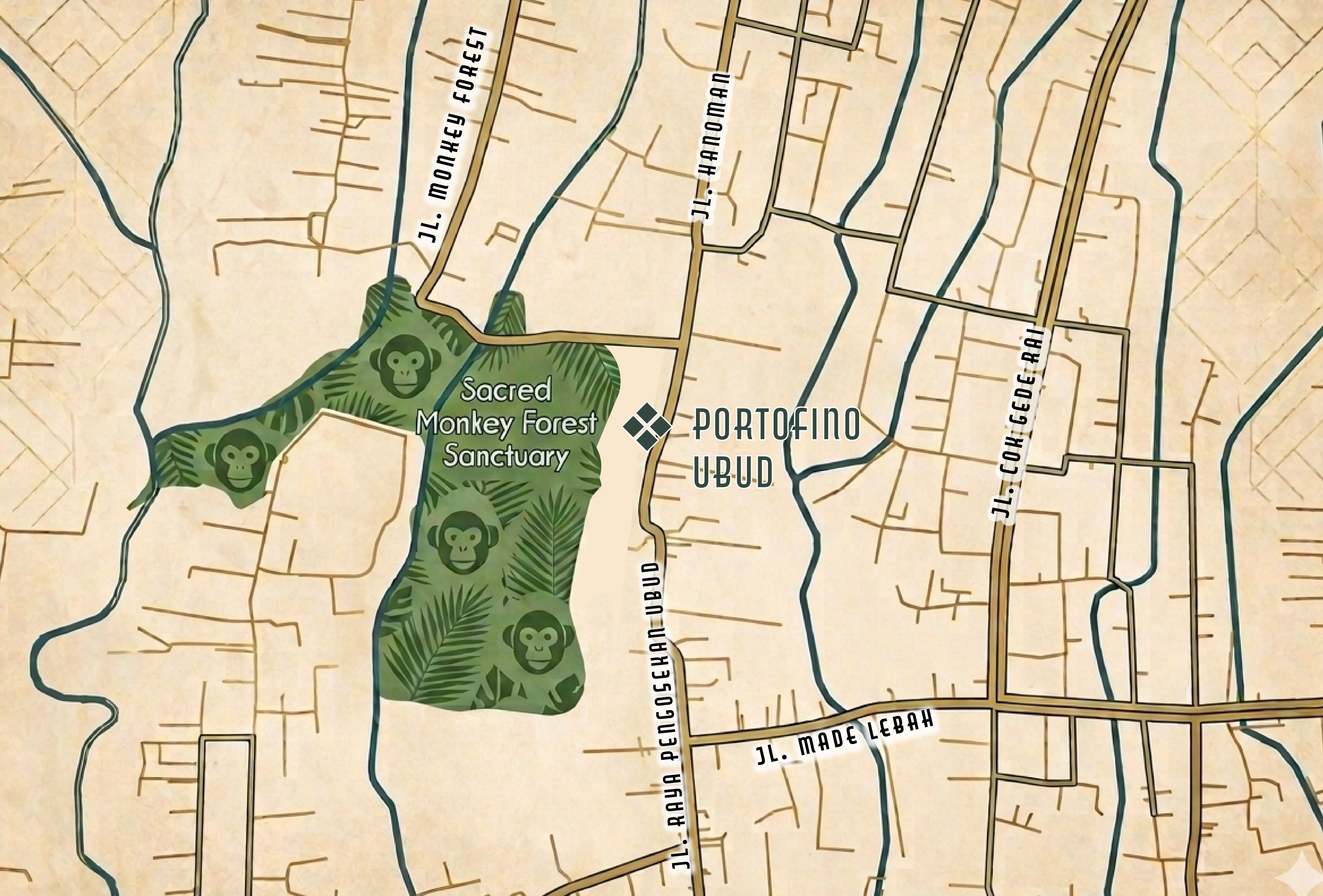 Illustrated map to Portofino, Ubud — beside the Sacred Monkey Forest
